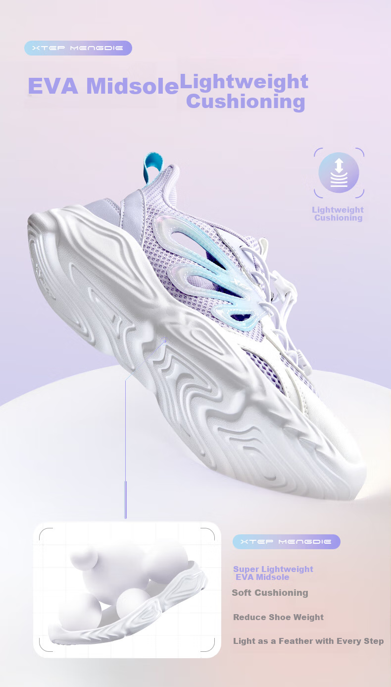 XTEP Children's Shoes for Girls, Big Kids Butterfly Wing Decoration with Tail Buckle Casual Shoes, Snow Purple, Size 38 4