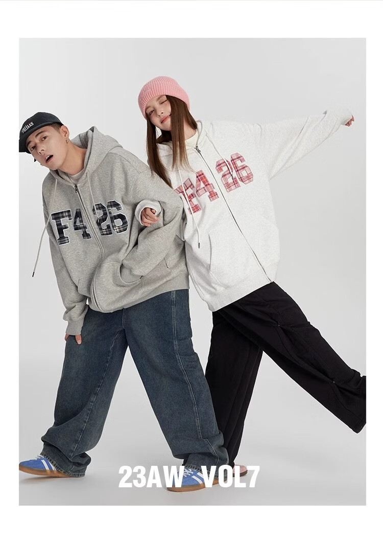 F426 [Zhao Lusi's Style] National Trend Brand Loose Fit Large Logo Plaid Patchwork Embroidered Sweatshirt Jacket, Floral Gray, L 2