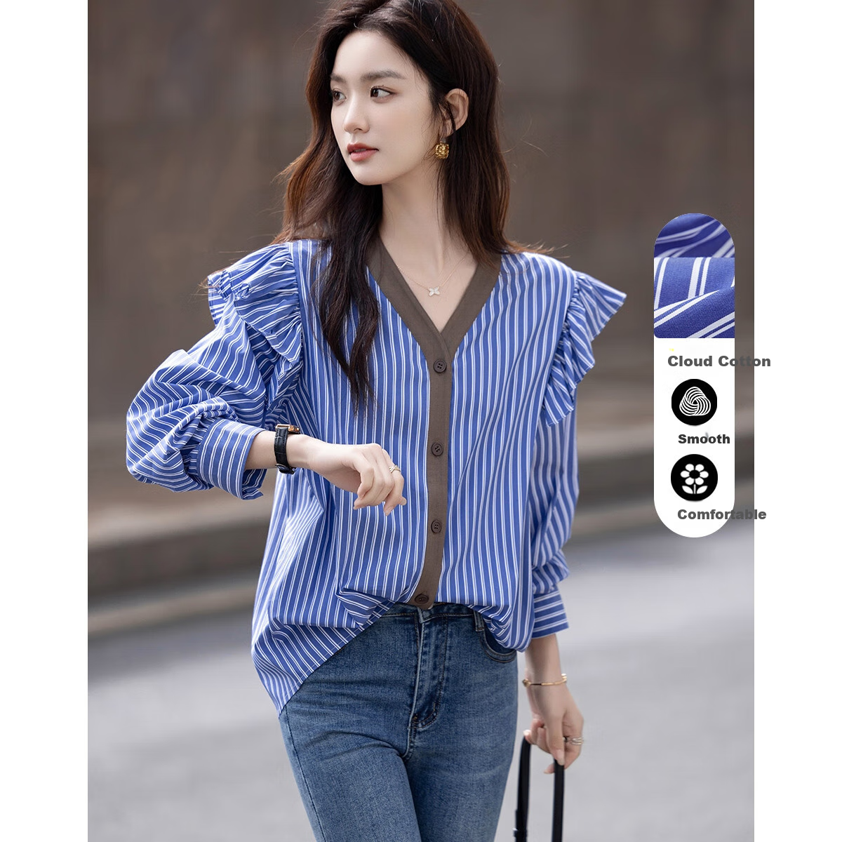 Dme [Straight to the Sky] Autumn Design V-Neck Striped Cotton Shirt with Spliced Flutter Sleeves, Loose Women's Blouse Top