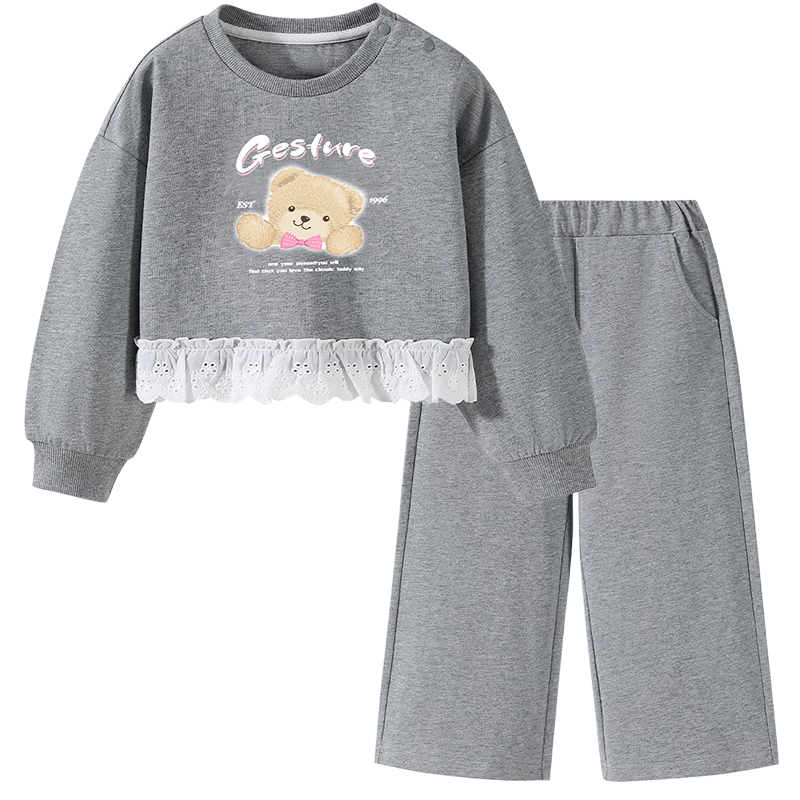 Classic Teddy Girls' Two-Piece Set Children's Sweatshirt and Pants Sweet Patchwork Casual Spring Outfit Light Gray 90