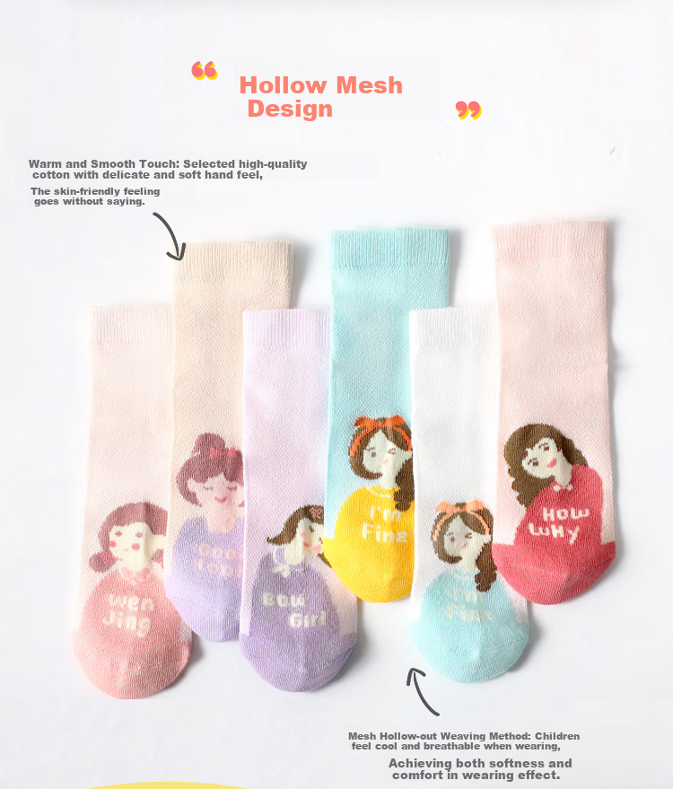 LangSha Children's Socks, Girls' Spring And Summer Thin Mesh Elastic Comfortable Mid-Calf Cotton Socks, for Older Children, Short Socks, 6 Pairs 4