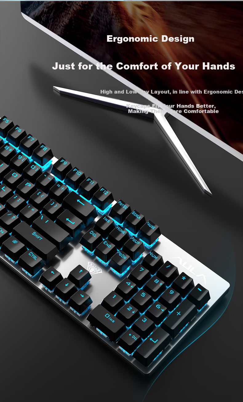 AULA S500 Mechanical Keyboard Wired Backlit Full-Size 104-Key Gaming E-Sports Computer Multimedia Office PUBG Full Anti-Ghosting Retro Three-Color Scheme Ice Blue Light Green Switches 11