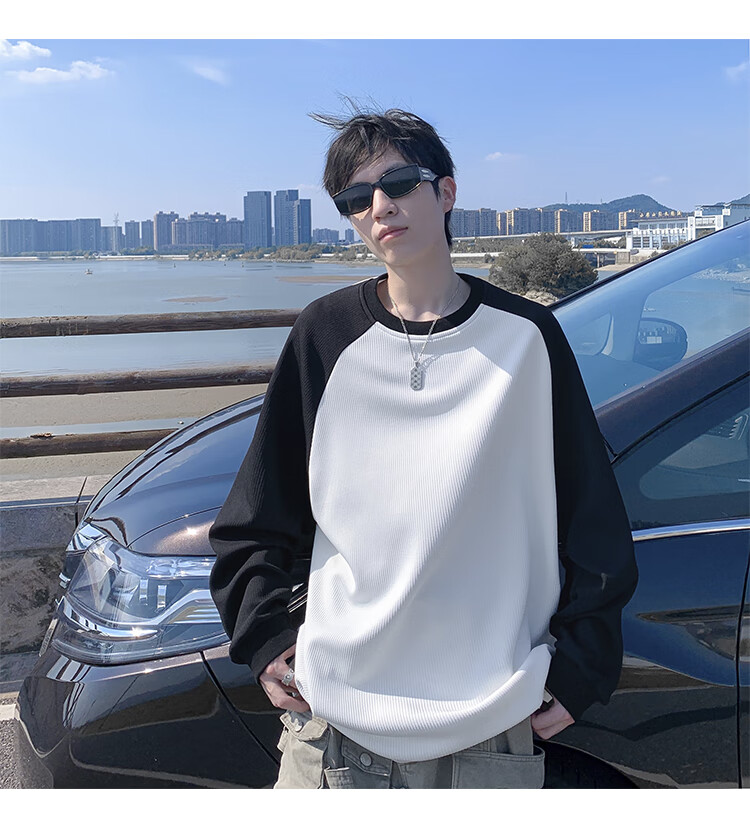 IZEXX Men's Raglan Long Sleeve T-Shirt, Autumn American Style Color Block Spliced Base Layer, Loose Round Neck Top GT07 White 2XL 8