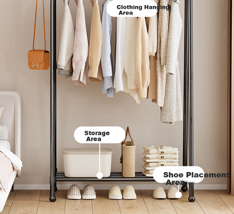 Yicainianhua Floor-Standing Coat Rack, Bedroom Clothes Hanger, Storage Rack, Large Garment Stand, Double-Pole Simple Coat Rack, 2236GDB 7