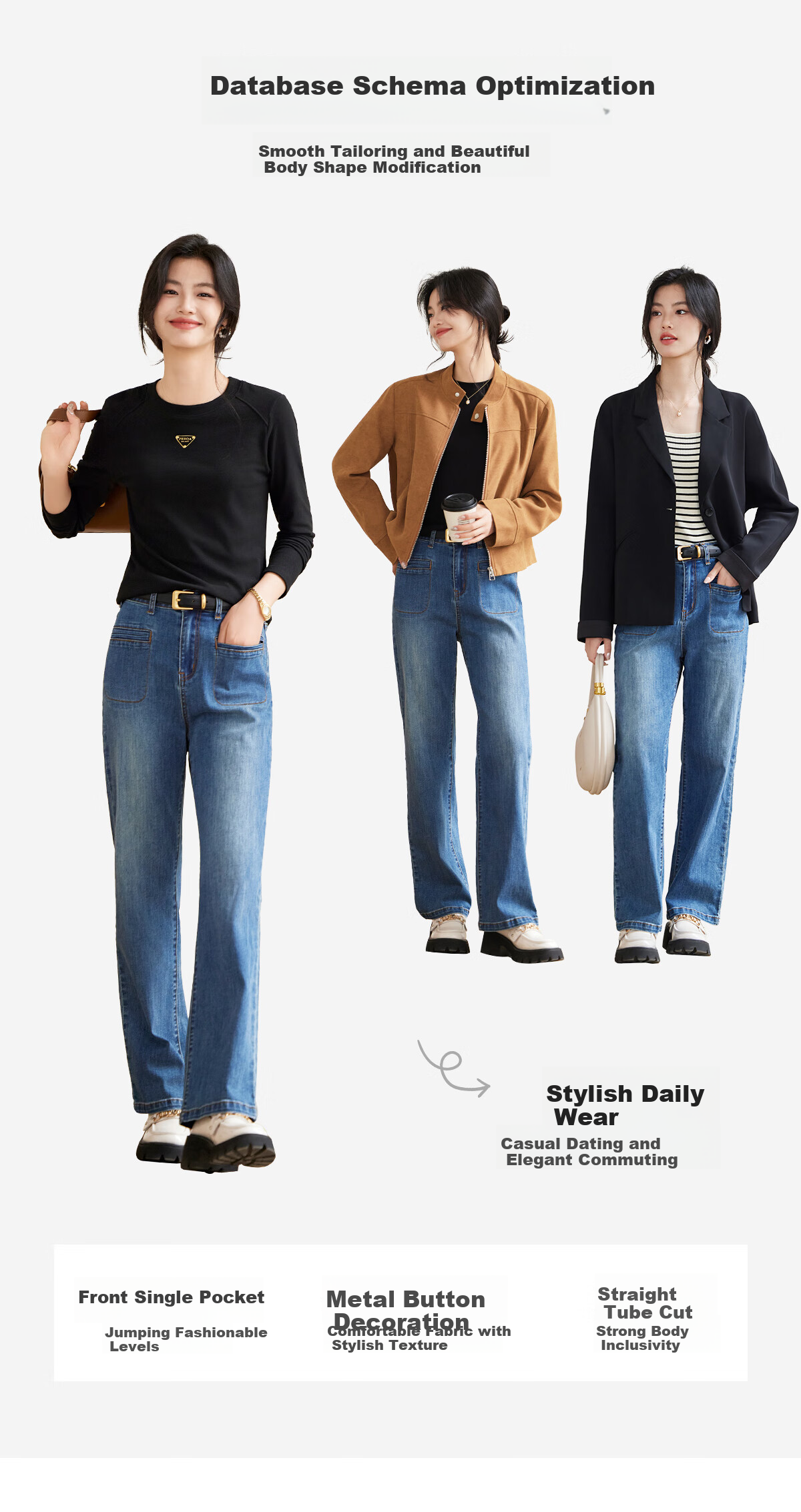 Taxiang High-Waisted Jeans for Women with Pockets, Wide-Leg Pants, Versatile Straight-Leg Trousers, Fashionable Women's Pants, Long Pants T143N1016 3