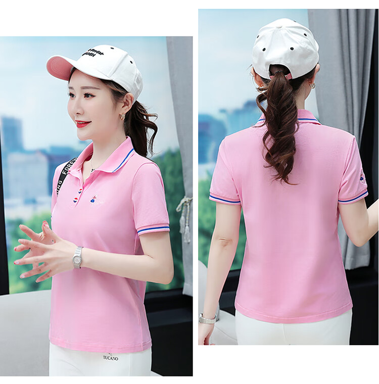 Woodpecker Women's Pure Cotton Short Sleeve T-Shirt Summer Printed Slim Fit Shoulder Polo Shirt Red XL 19
