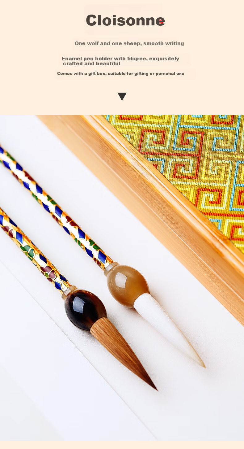 Rongbaozhai Calligraphy Brush Set, Sheep Hair Traditional Carved Enamel Ox Horn Handle, Four Treasures of The Study, Calligraphy Running Seal Script Regular Handmade Soft Brush, High-End Premium Collectible Gift Box, Jingtai Blue Sheep Hair 2