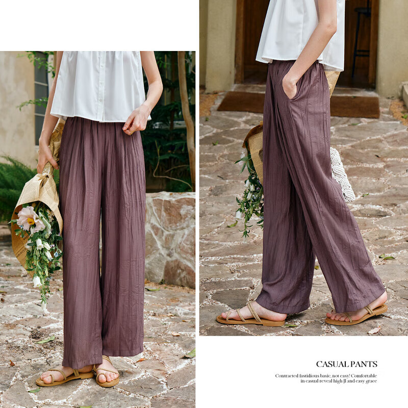 Olrain Women's Loose Lazy Straight-Leg Pants Summer Elastic Waist Casual Pleated Wide-Leg Pants Purple M