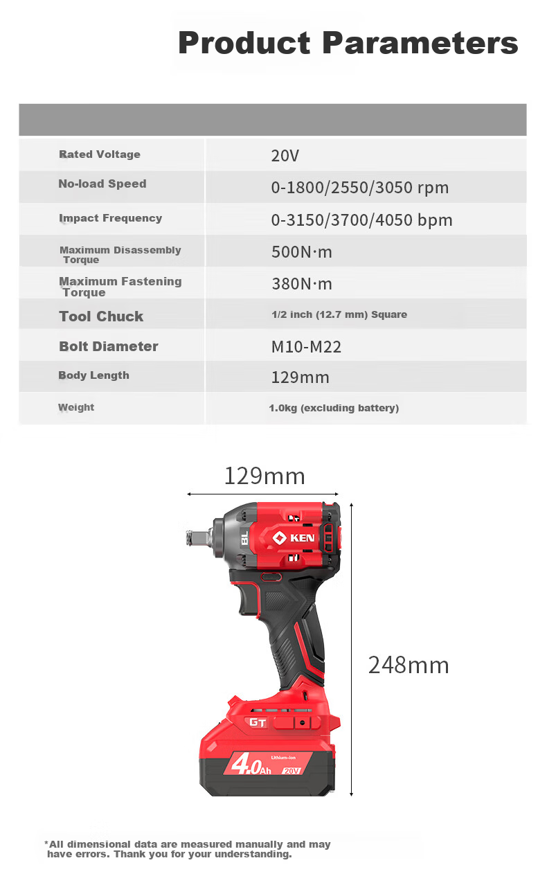 KEN Lithium-Ion Impact Wrench, 20V Brushless, 500 Torque, for Scaffolding Workers And Auto Mechanics, Electric Air Gun, 7520 Two Batteries One Charger 15