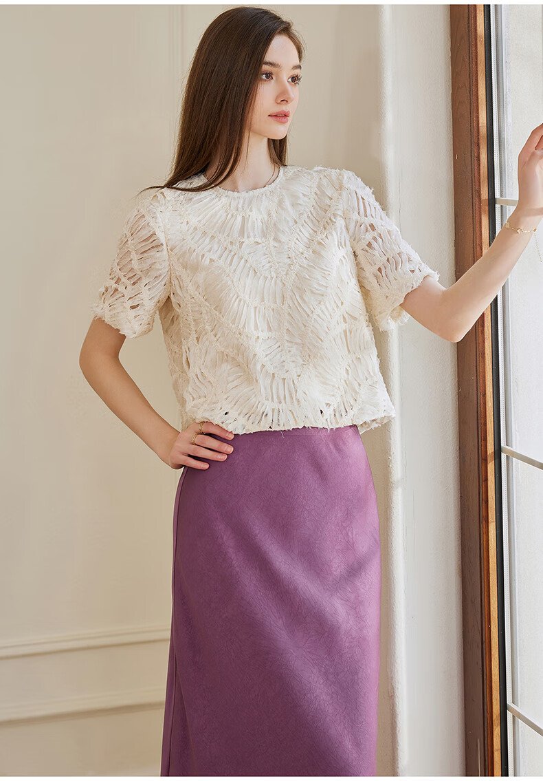 ROEYSHOUSE French Style Ribbon Round Neck Shirt Women Summer Elegant Commuter Loose Short T-Shirt 10441 Beige XL 13