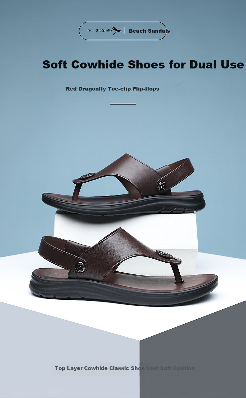 RED DRAGONFLY Leather Sandals for Men, Summer Breathable Thong Sandals, Cowhide Beach Shoes for Men, WLT240141, Black, Size 38 1