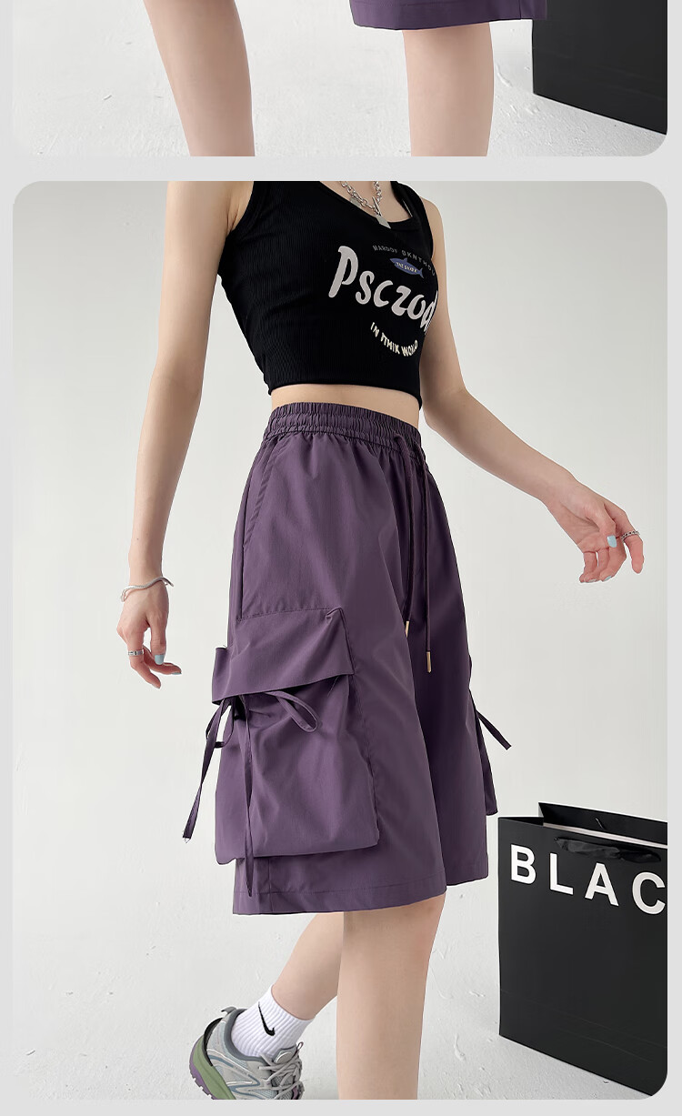 Xueqiman Large Pocket Workwear Shorts Women Summer 2026 New American Style Quick-Dry Ice Silk Cool Straight Sports Knee-Length Pants 16