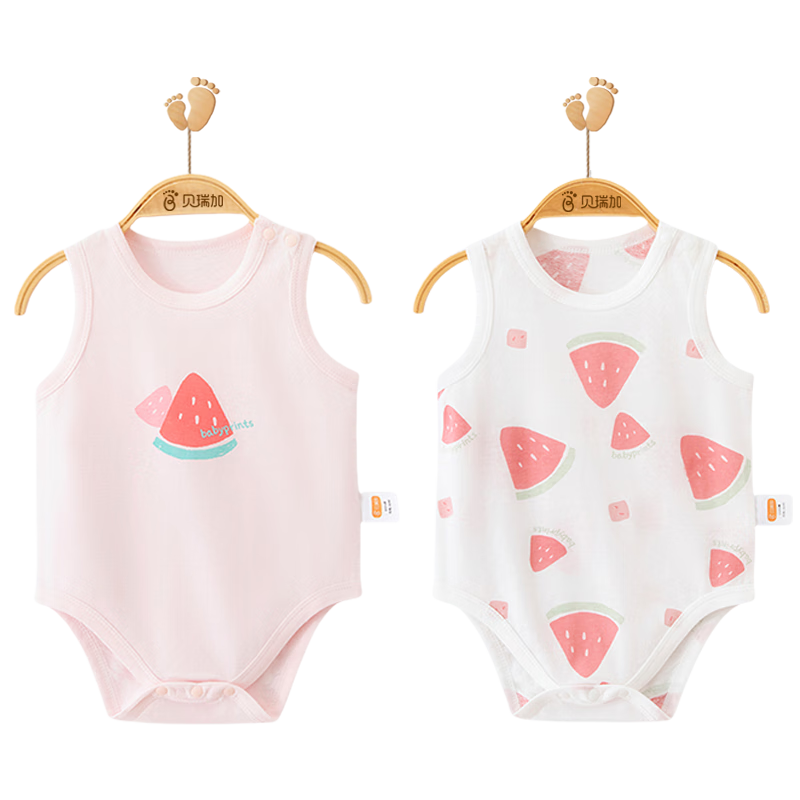 Babyprints Baby Bodysuit, 2 Pieces, Sleeveless Onesie for Newborn Boys And Girls, Pure Cotton Summer Outfit, Triangle Romper, Pink, Size 66