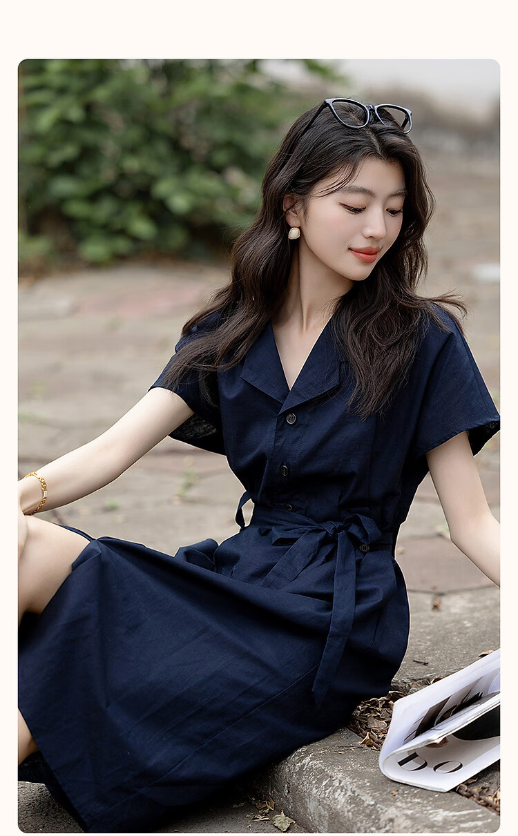 Dme [Smooth Linen Cotton Bamboo Blend] Summer Elegant Office Wear Lapel Tie Three-Button Short-Sleeve Women's Dress 1