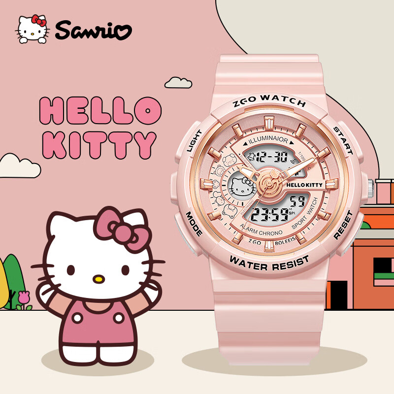 Hello Kitty Student Watch for Girls, Dual Display Sports Electronic Waterproof Luminous Kids Watch, Sanrio