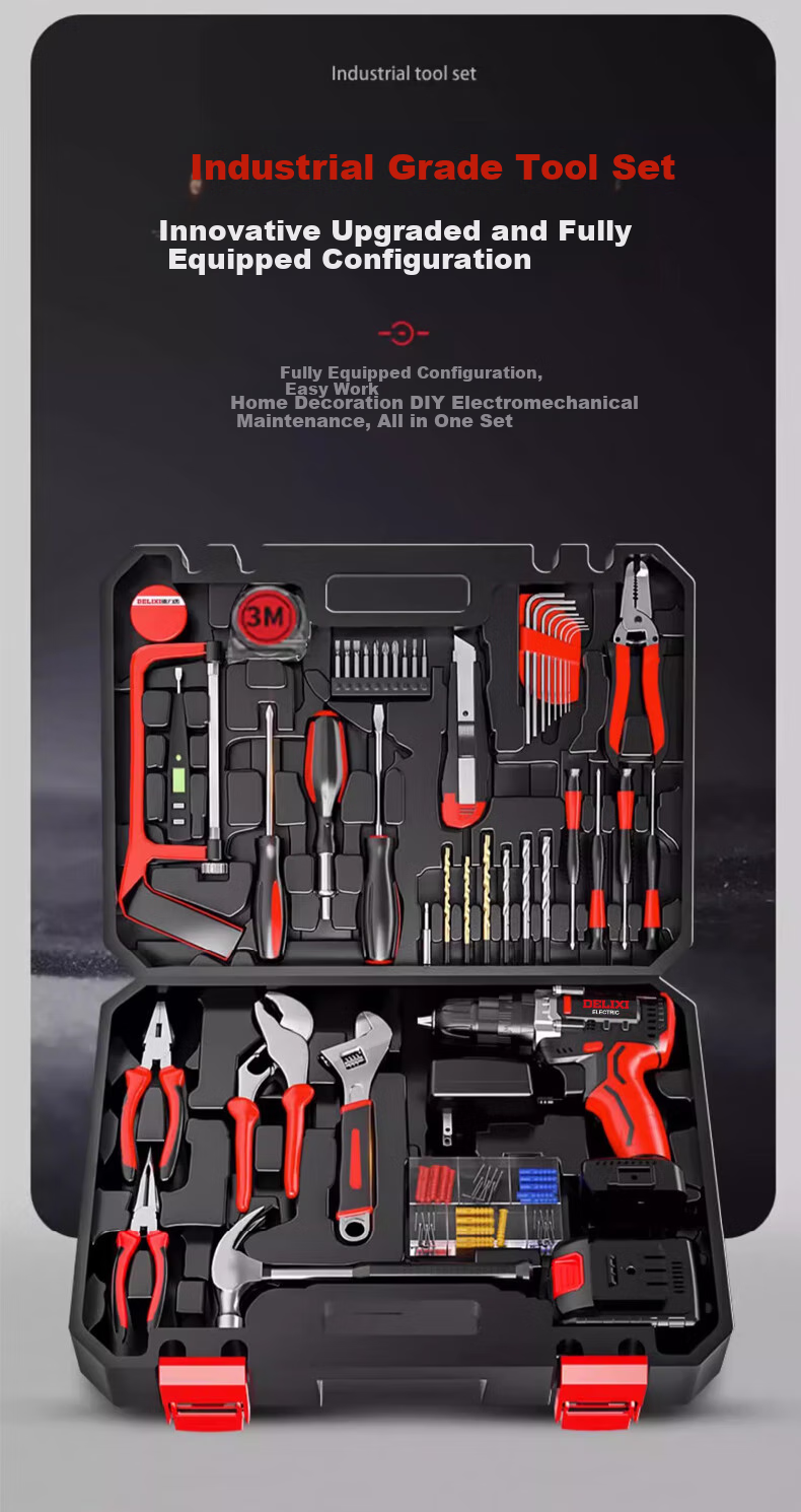 DELIXI Household Lithium Battery Drill Tool Set, Hardware And Electrical Tools for Plumbers And Carpenters, Multi-Functional Repair Toolbox Kit 7