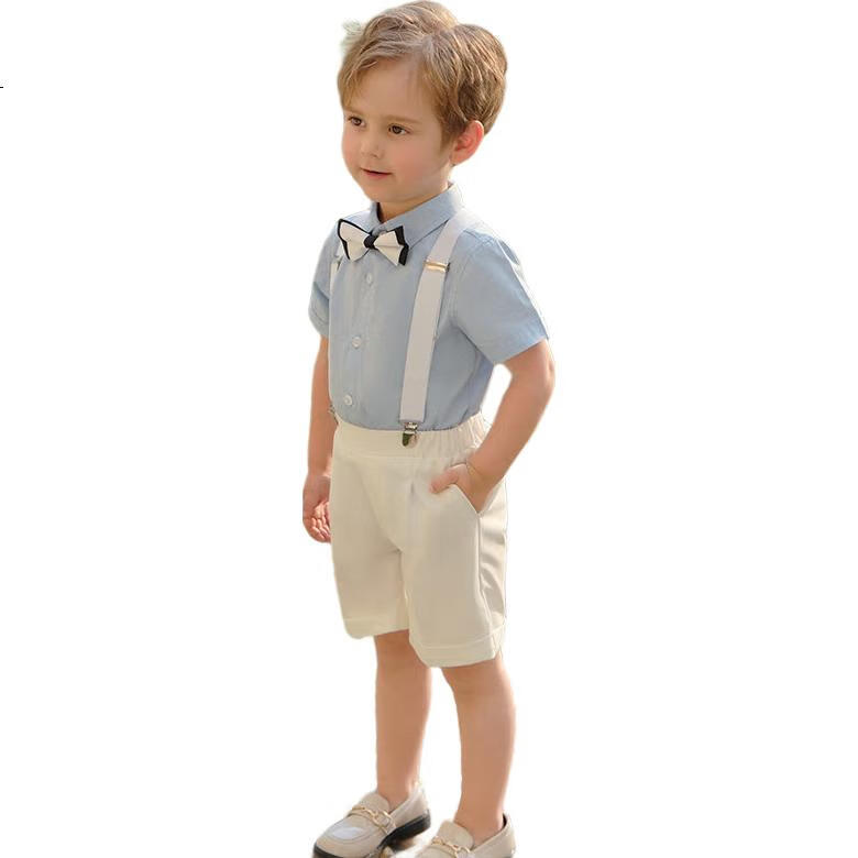 LUOBOBEIBEI Children's Summer Short-Sleeve Shirt And Suspender Shorts Set, Boys' Performance Formal Wear, White Four-Piece Set, Size 140