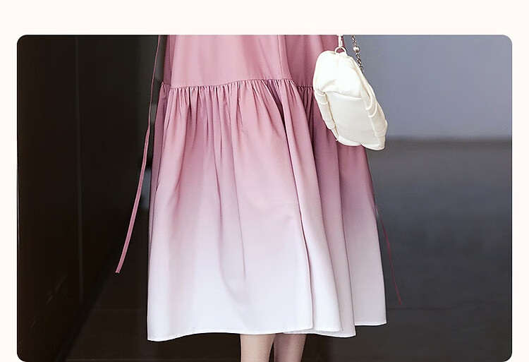 Dme [Ou Ruo Feng Girl] Summer Elegant Gradient Printed Lantern Sleeve Hollow Lace Tie A-Line Women's Dress 4