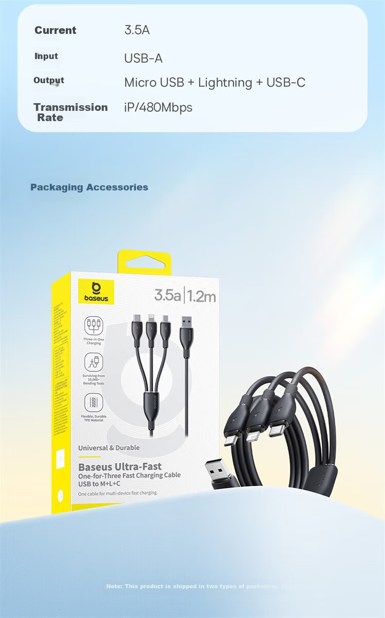 Baseus Apple 16/15 Charging Cable, Three-In Data Cable, Fast Charging 3.5A, Multi-Function Type-C Cable for Huawei Xiaomi Phones And Car Use, Moonlight White, 1.2 Meters 13