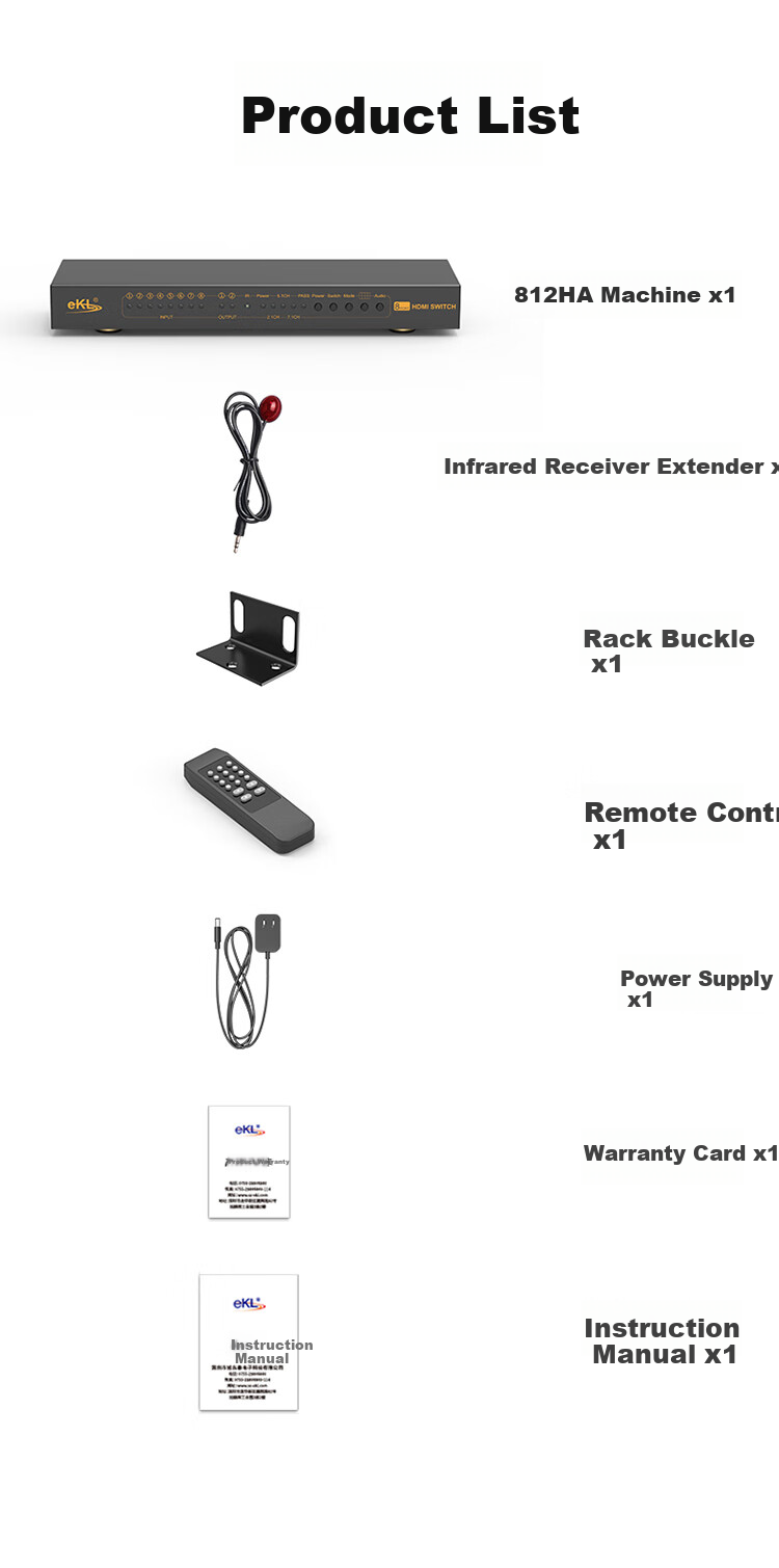EKL High-Definition HDMI Seamless Switcher 8-In 2-Out 1-Out 4K Video Seamless Switching No Black Screen with Picture Splitter Computer TV VCR Audio Separation 812HA 18