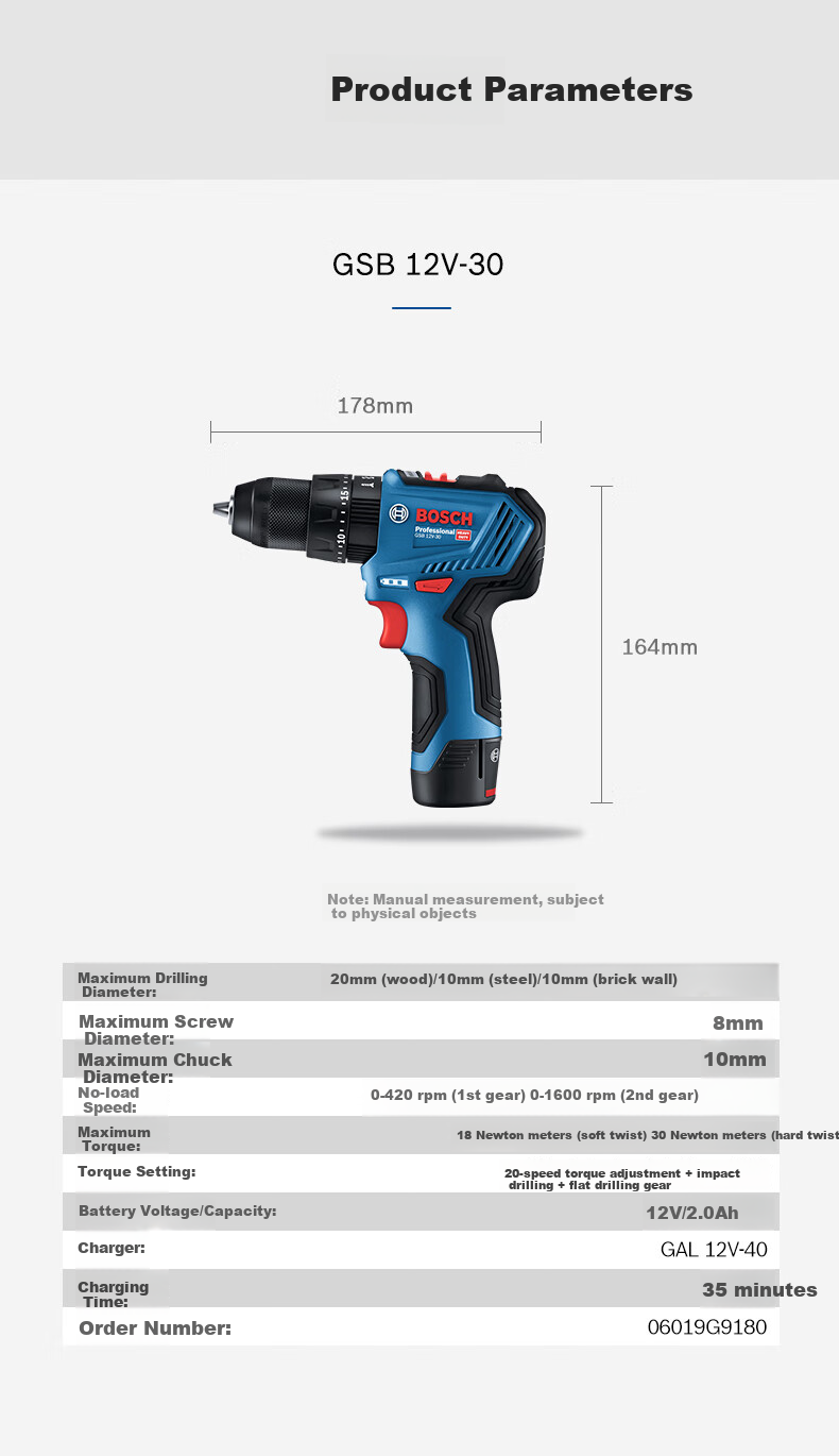 BOSCH Impact Drill Electric Screwdriver Hand Drill for Wood Steel Metal Drilling GSB 12V-30 12V Lithium Battery Dual Power 10