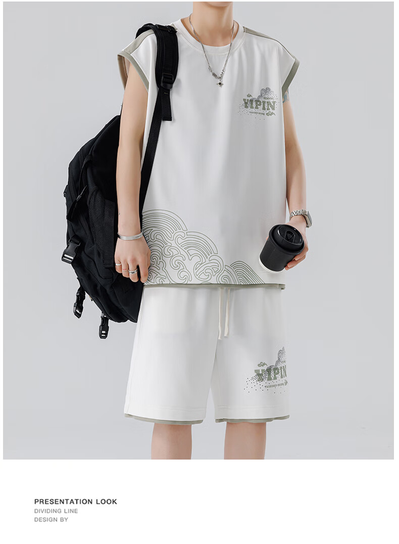 Foss Phil Men's Summer Sports Set Ice Silk Sleeveless T-Shirt and Loose Shorts Vest T07 White 2XL 17