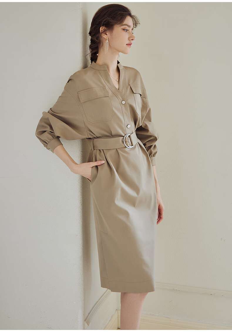 ROEYSHOUSE Waist-Cinching Commuter Dress, 2026 Autumn Collection, Elegant Tie-Waist Midi Skirt 07245, Khaki Green, Size S 9