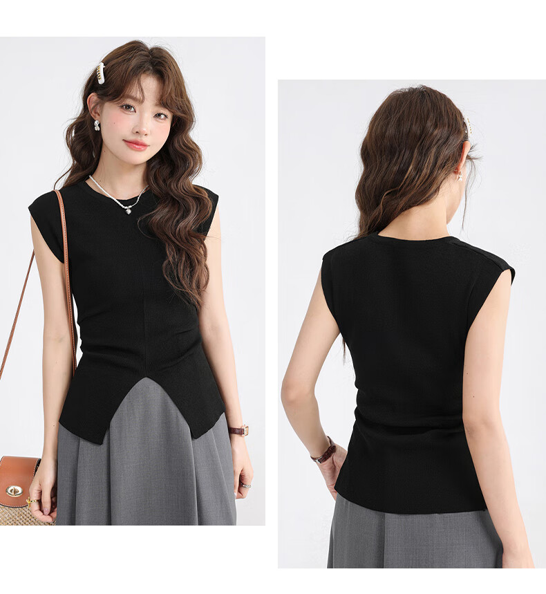 Jeanswest Women's Summer V-Neck Sleeveless Solid Color Pleated Waist-Slimming Split Top Black One Size 12