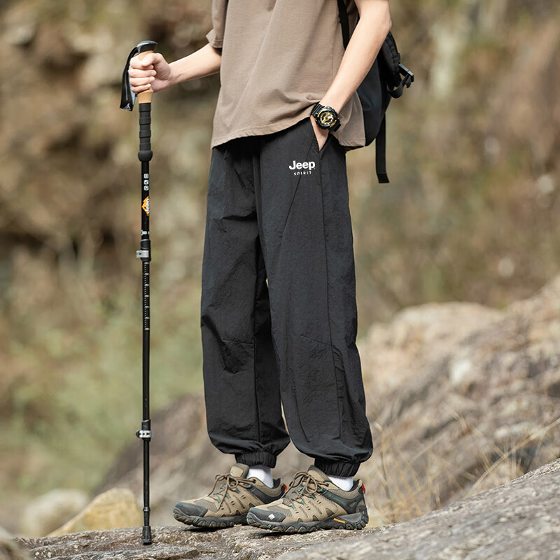 JEEP Casual Pants for Men, Spring Quick-Dry Breathable Mountain-Style Sports Trousers, Outdoor Athletic Long Pants, Matte Black, Size L