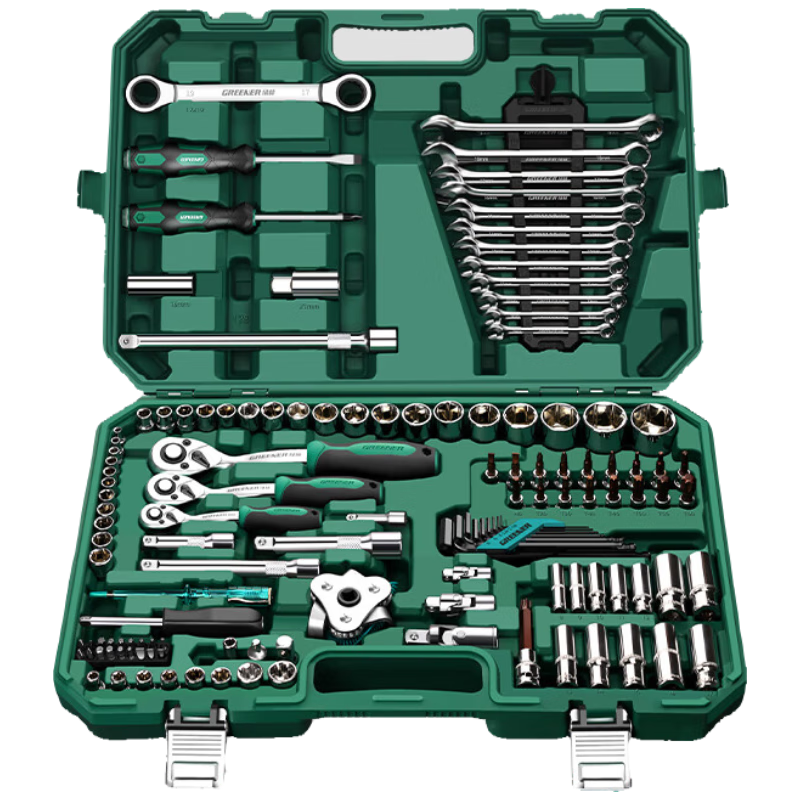 GREENER 128-Piece Household Tool Kit Automotive Socket Set Ratchet Wrench Multi-Function Repair Toolbox