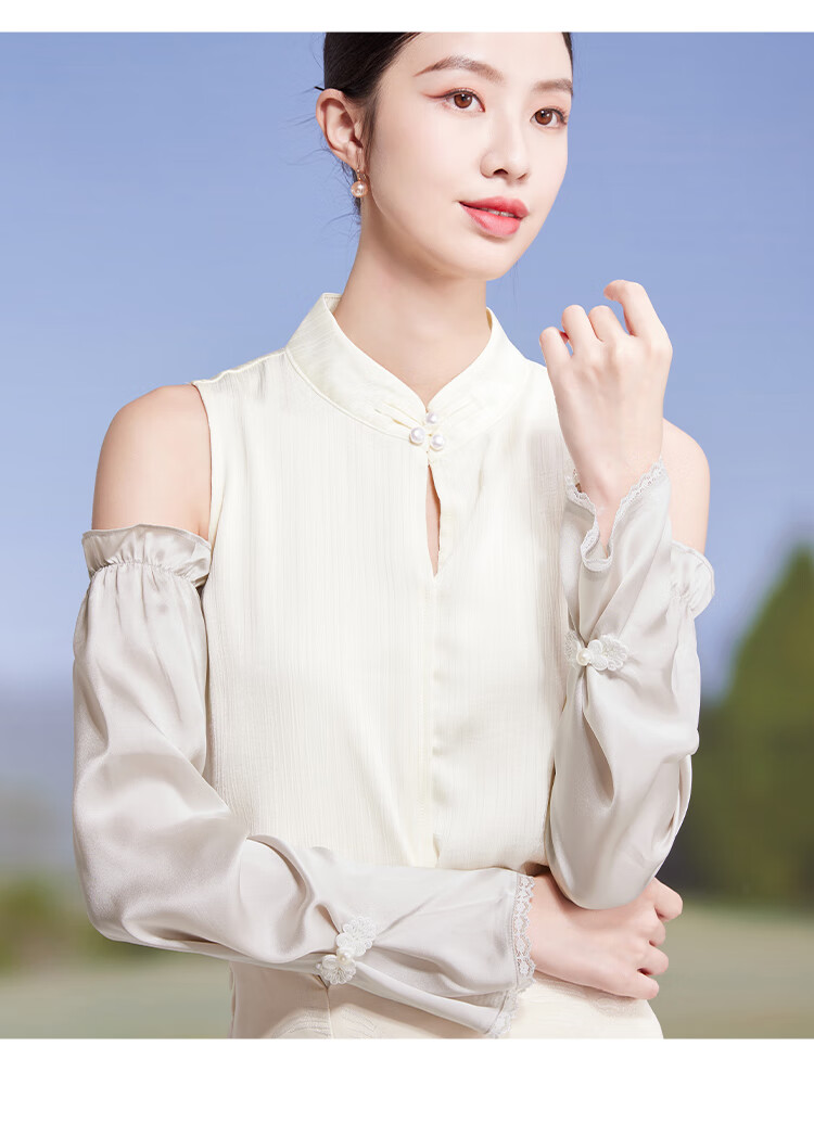 Shanghai Story Women's 100% Mulberry Silk Sun Protection Sleeves Spring Summer Chinese Style Lace Ice Sleeves UV Protection Champagne Gold 19