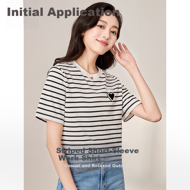 Chushen Summer Short-Sleeve T-Shirt for Women, Fashionable Versatile Round Neck Heart Logo Striped Pure Cotton Half-Sleeve Top S13KT1172