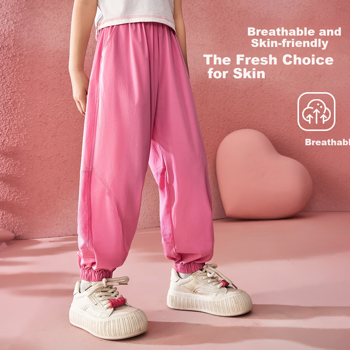 ASK JUNIOR Children's Pants, Summer 2026, Mesh Spliced Breathable Sports Casual Pants, Elastic Ankle Girls' Trousers, Pink, Size 150 3