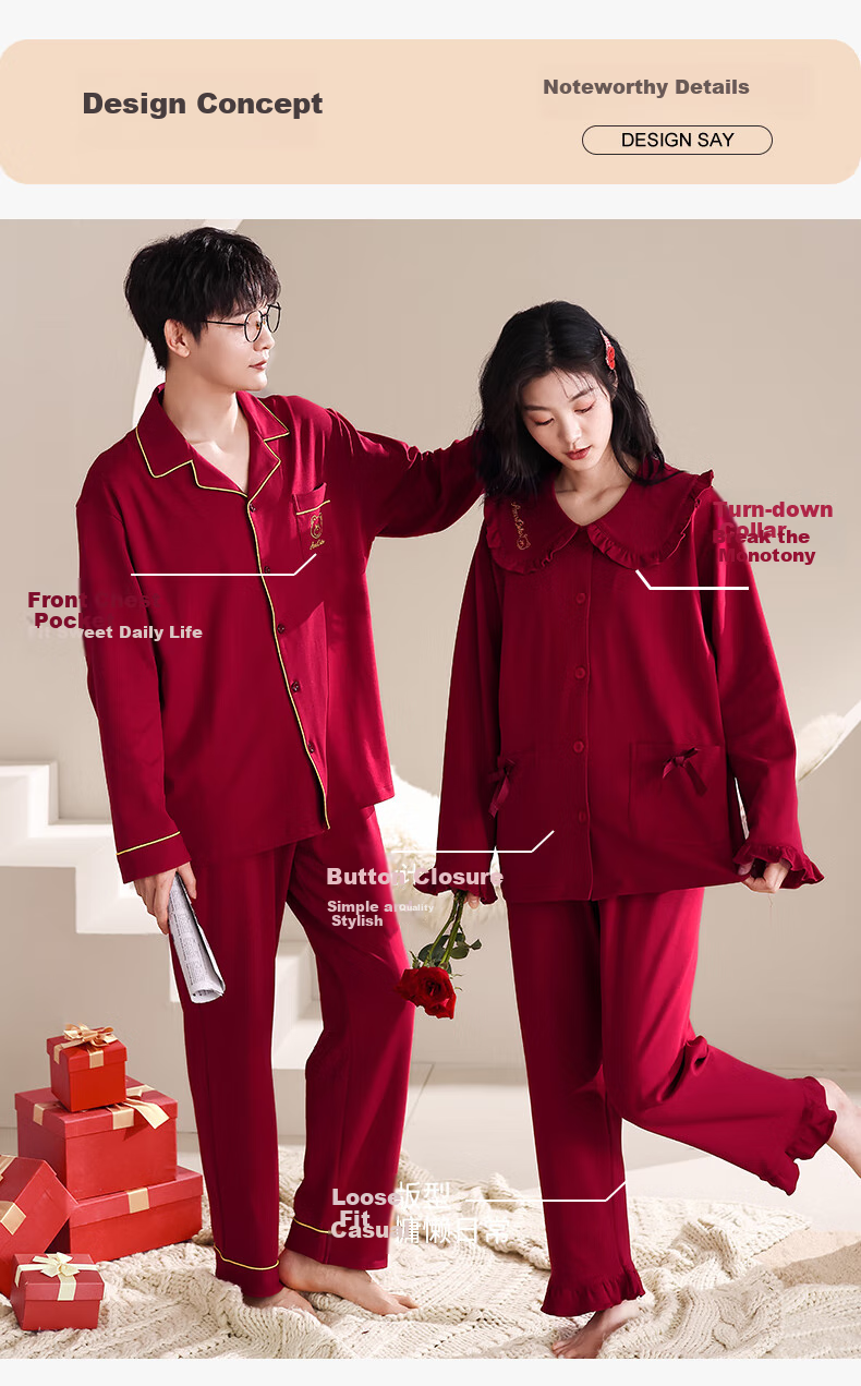 Yiduo Wedding Couple's Pajamas, Women's Autumn And Winter Pure Cotton Long-Sleeve Red, Zodiac Year, Men's And Women's Festive Home Wear Set 3