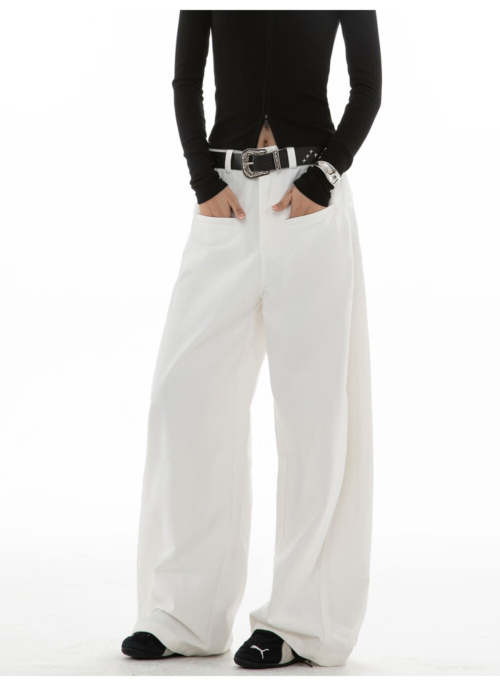 ICH MODE Women's American Vintage Casual Wide-Leg Straight Loose Sports Pants Black M 19