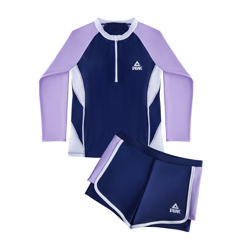 PEAK Children's Swimsuit, Girls' Color-Block Long-Sleeve Two-Piece Swimwear, Conservative Casual Style, Purple, Size 160