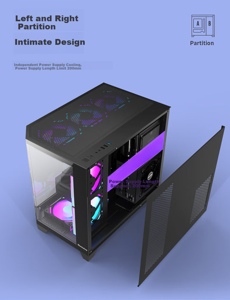 Huntkey S960 Storm X Ice Blade Edition Black Panoramic View Seaside Case (Three-Sided Tempered Glass Panel/Left And Right Zones/360mm Water Cooling/9 Fan Positions/MATX Motherboard) 10