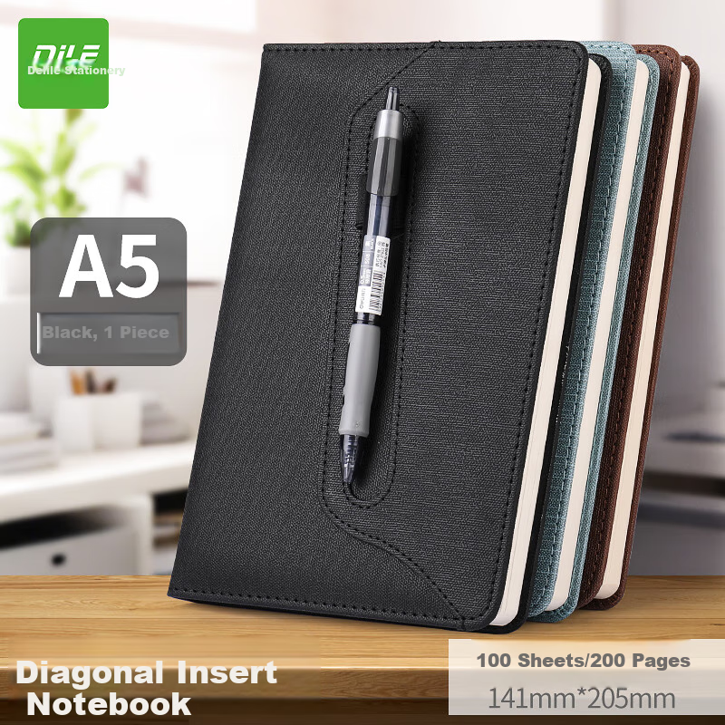 DiLe A5 Soft Leather Thickened Slanted Business Notebook with Pen Holder, High-End Office Meeting Record Book, 100 Sheets/Book, 4349A (Black)