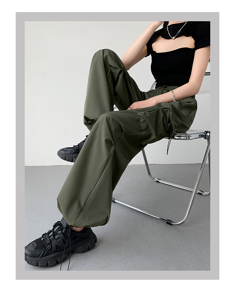 Jeanswest Women's Summer Lightweight Paratrooper High-Waist Slim Fit Sports Narrow Casual Wide-Leg Cargo Pants Military Green S 11
