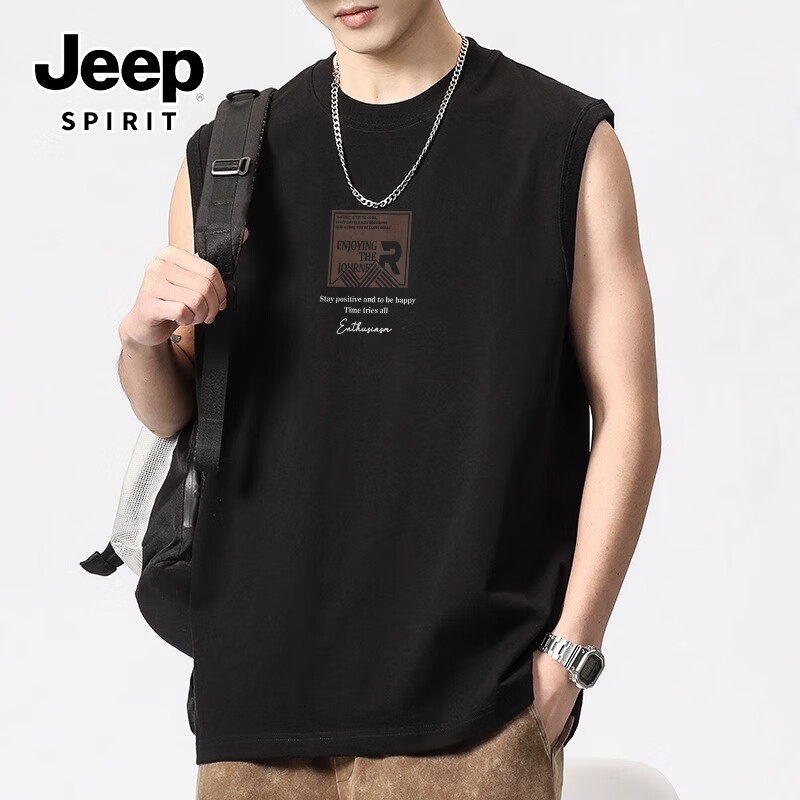 JEEP SPIRIT Men's Pure Cotton Vest Summer American High Street Outdoor Sports Breathable Loose Trendy Sleeveless Shirt