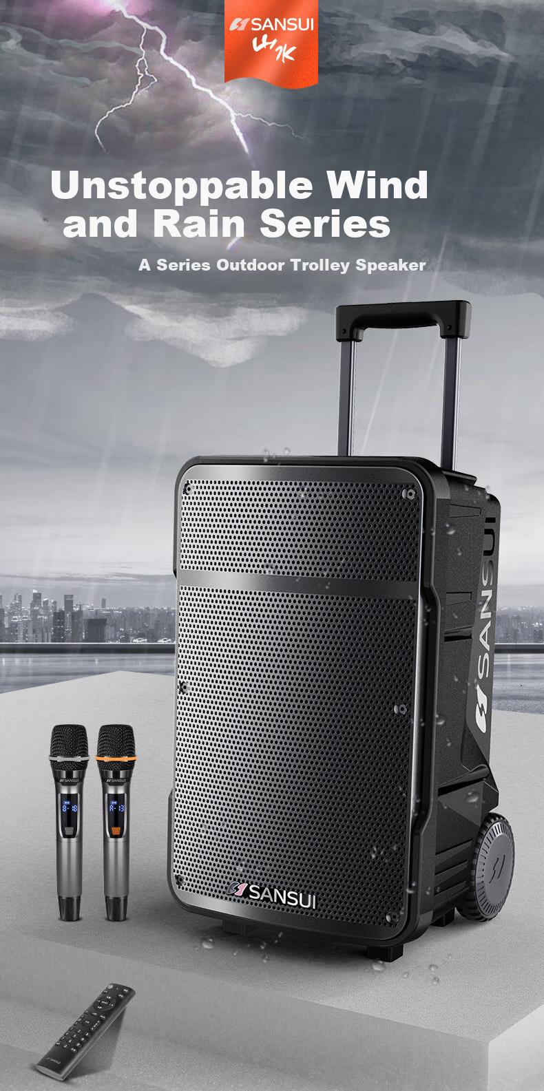 SANSUI E08 Karaoke Speaker, Outdoor Portable Amplifier, High-Volume Bluetooth Mobile Speaker, Powerful Singing Outdoor KTV Performance Stage Dual Microphone 4