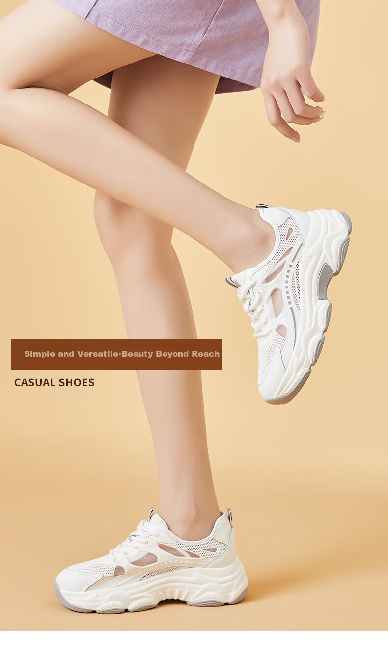 DAPHNE Women's Versatile Sports Casual Shoes with Breathable Mesh Upper, Lightweight Comfortable Thick-Soled Dad Sneakers, White And Silver, Size 42 1