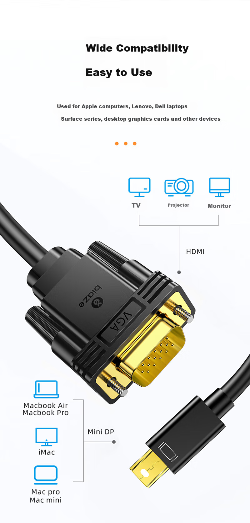 BIAZE Mini DP to VGA Adapter Cable, Mini High-Definition Thunderbolt Converter, Compatible with Apple And Microsoft Surface Laptops for Monitors And Projectors, 3 Meters, ZH211 10