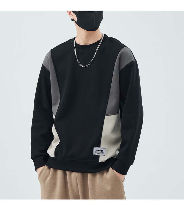 JEEP Men's Sweatshirt, Color Block Design, Heavyweight, Spring And Autumn Long-Sleeve T-Shirt, Loose-Fitting Trendy Base Layer Top, Men's Clothing, Black, 2XL 9
