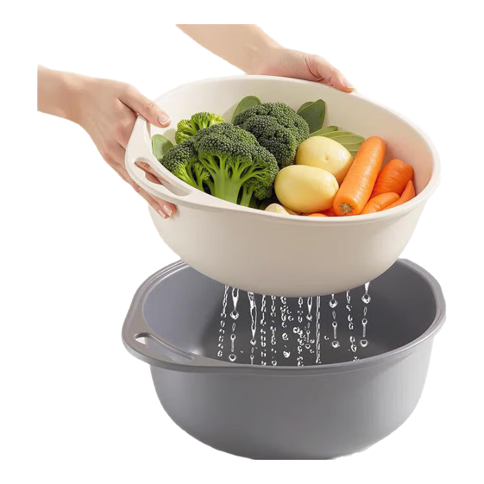 Baicaoyuan Double-Layer Colander Basket, Fruit Washing And Bean Sorting Tool, Hollow Drainer Bowl, Kitchen Vegetable Washing And Side Dish Strainer, Large Gray