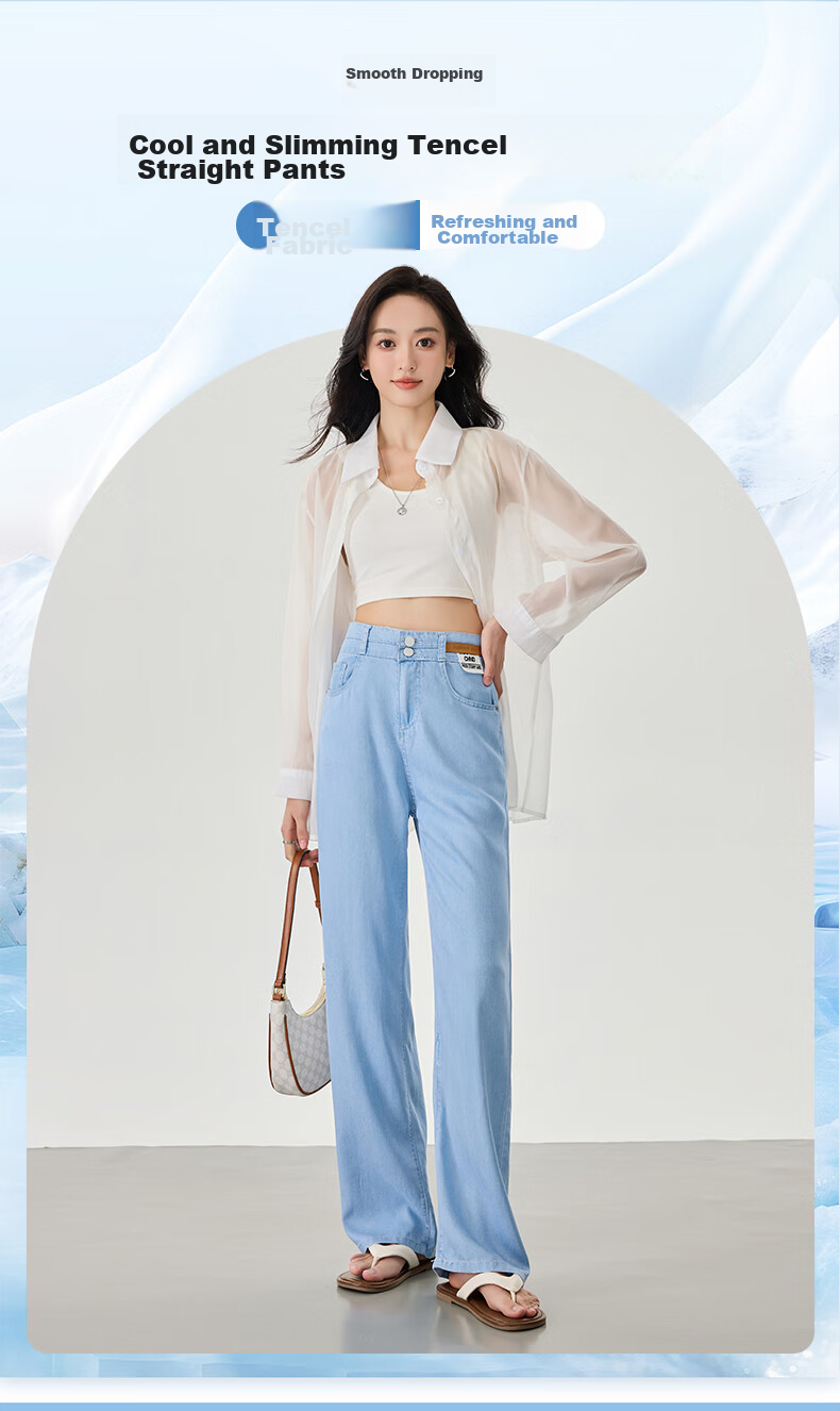LangSha Tencel Straight-Leg Jeans for Women, Summer Lightweight High-Waist Double-Buckle Slimming Ice Silk Floor-Length Wide-Leg Pants 1