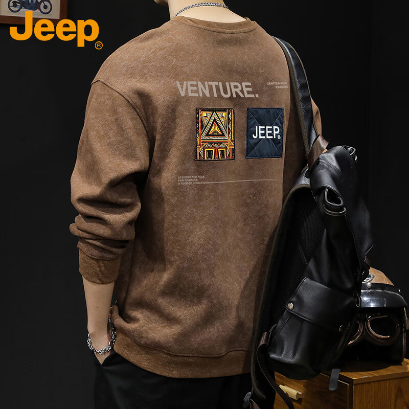 JEEP Men's Autumn Winter Loose Fit Crew Neck Long Sleeve Heavyweight Casual T-Shirt Coffee 3XL