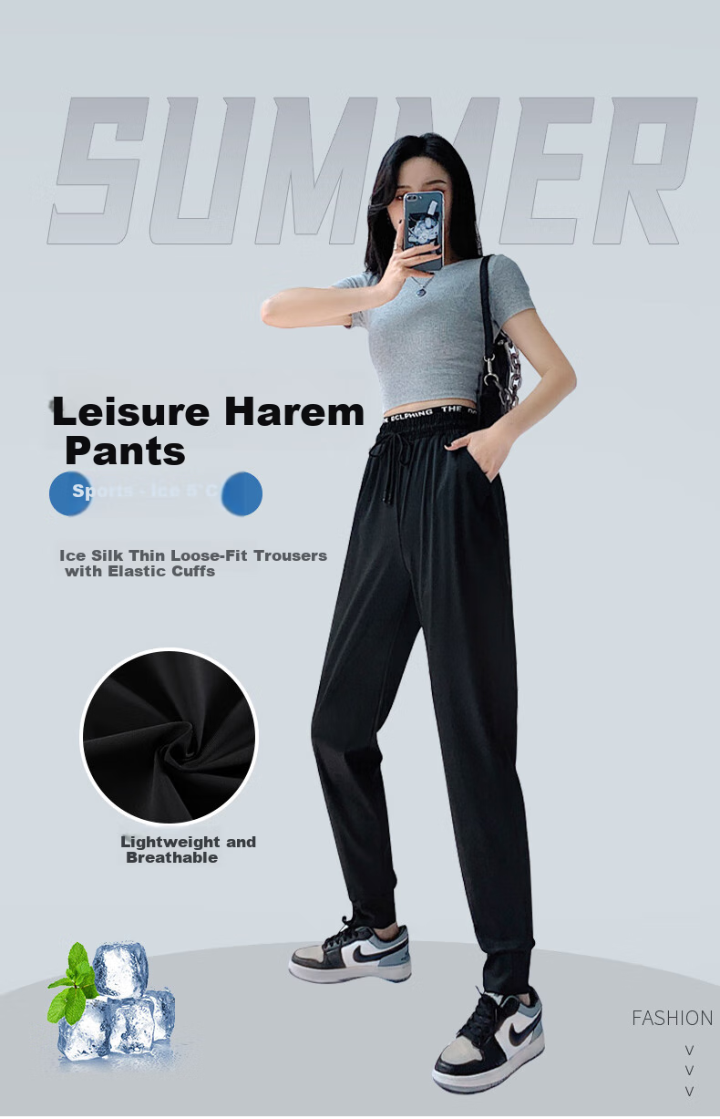 LangSha Ice Silk Sports Pants for Women, Summer Lightweight Loose Casual Pants, Harem Joggers, Black Slimming Quick-Dry Women's Trousers 1