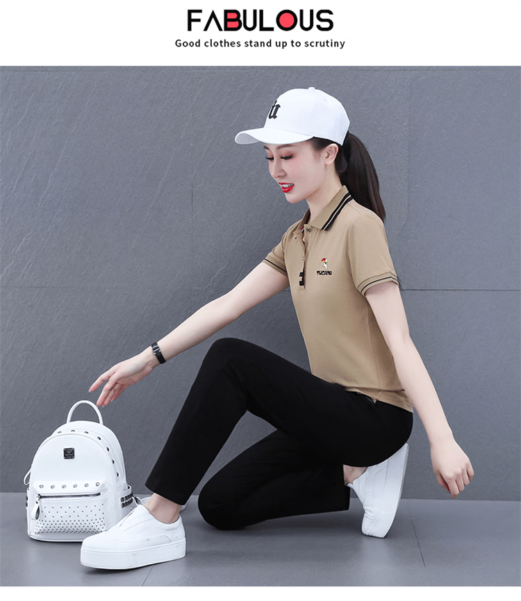 Woodpecker Pure Cotton Casual Sports Polo Set for Women Summer Fashion Youthful Middle-aged Mom Two-piece Set Royal Blue L 12
