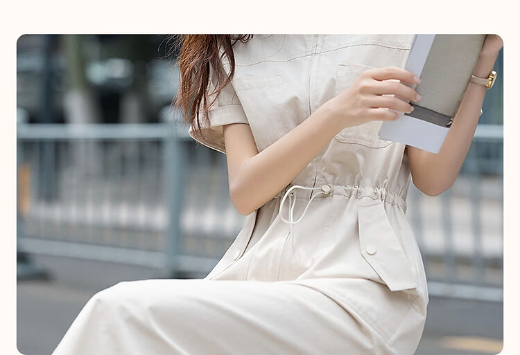 Demana [Healing Pure Cotton] Summer Workwear Style Stand Collar Sleeve Fold Adjustable Waist Petite Women's Dress 4